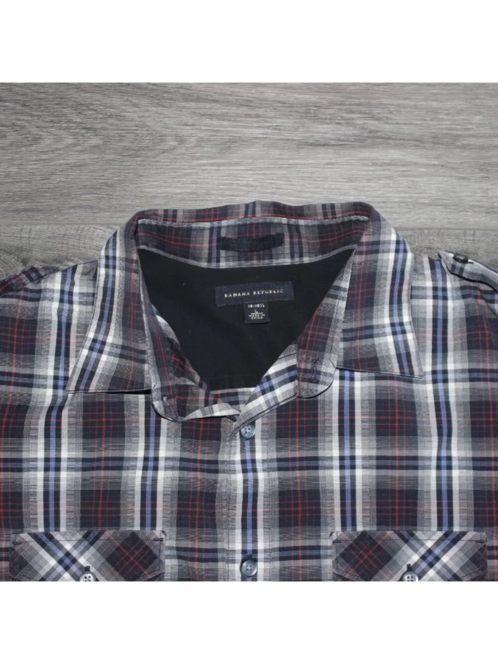 Banana Republic Mens Button Front Plaid Shirt-Blue/Black-Size Large-16-16.5